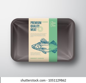 Premium Quality Pikeperch. Abstract Vector Fish Plastic Tray with Cellophane Cover Packaging Design Label. Modern Typography and Hand Drawn Zander Silhouette Background Layout. Isolated.