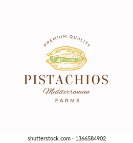 Premium Quality Pistachios Abstract Vector Sign, Symbol or Logo Template. Elegant Hand Drawn Nut Sillhouette with Retro Typography. Vintage Luxury Emblem. Isolated.