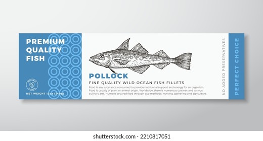 Premium Quality Pollock Vector Packaging Label Design. Moderne Typografie und handgezeichneter Fisch Silhouette Meeresfrüchte Produkthintergrund Layout