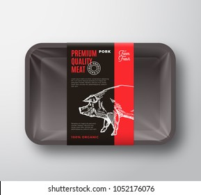 Premium Quality Pork Meat Package and Label Stripe. Vector Food Plastic Tray Container with Cellophane Cover. Packaging Design Layout. Modern Typography. Hand Drawn Pig Silhouette Background. 