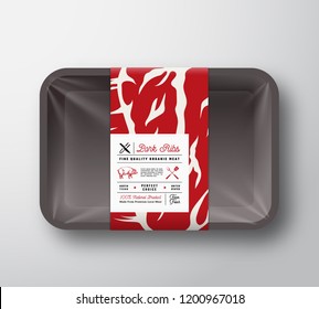 Premium Quality Pork Ribs Container Mock Up. Abstract Vector Meat Paper Label Cover. Packaging Design. Meat Pattern, Modern Typography and Hand Drawn Pig Silhouette Background Layout. Isolated.