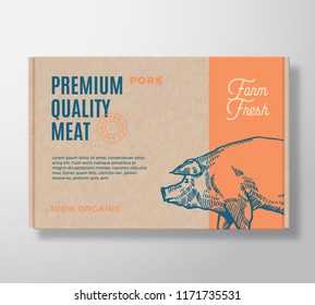 Premium Quality Pork Vector Meat Packaging Label Design on a Craft Cardboard Box Container. Modern Typography and Hand Drawn Pig Silhouette Background Layout.