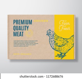 Premium Quality Poultry Vector Meat Packaging Label Design on a Craft Cardboard Box Container. Modern Typography and Hand Drawn Chicken Silhouette Background Layout.