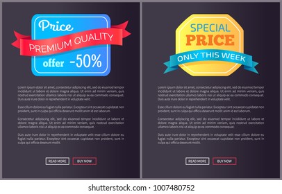 Premium quality price offer only this week half cost discount web poster with push buttons read more and buy now. Vector illustration advert banner