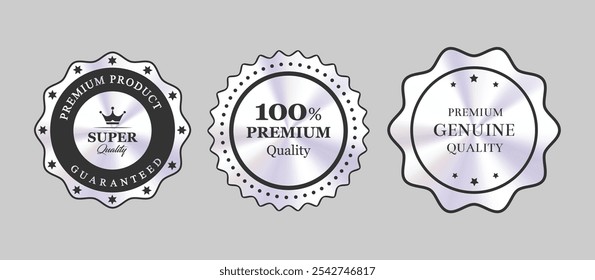 Conjunto de Vector de insignias de Producto de calidad Premium en negro y plateado para diseño de marca y empaque de lujo en formato EPS