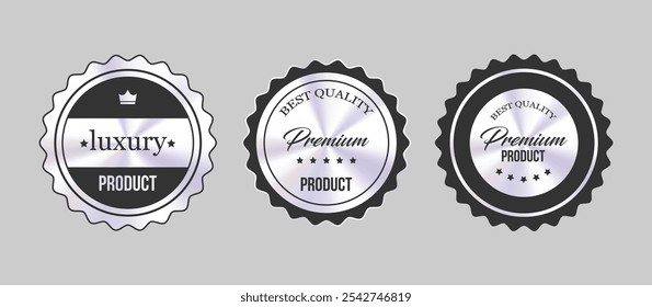 Conjunto de Vector de insignias de Producto de calidad Premium en negro y plateado para diseño de marca y empaque de lujo en formato EPS