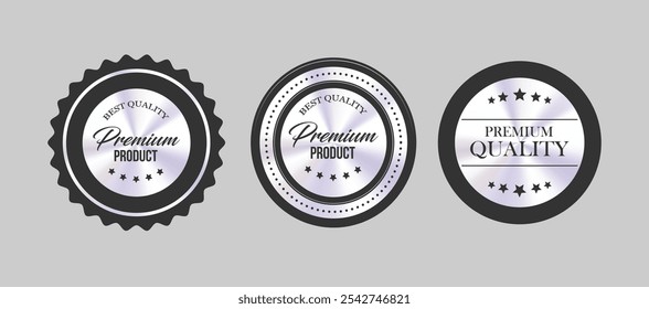 Conjunto de Vector de insignias de Producto de calidad Premium en negro y plateado para diseño de marca y empaque de lujo en formato EPS