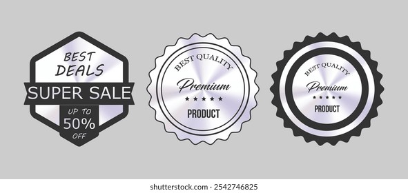 Conjunto de Vector de insignias de Producto de calidad Premium en negro y plateado para diseño de marca y empaque de lujo en formato EPS