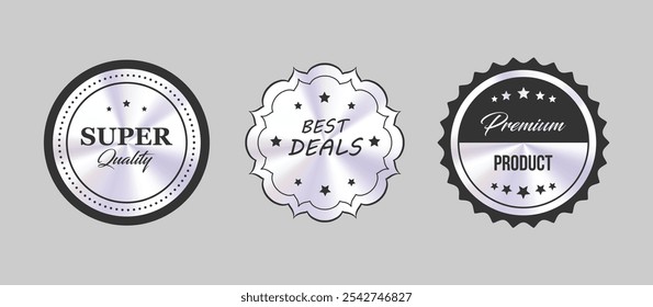 Premium Quality Product Badges Vector Set in Black and Silver for Luxury Branding and Packaging Design in EPS Format