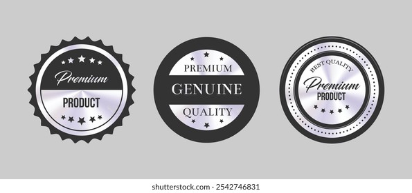 Conjunto de Vector de insignias de Producto de calidad Premium en negro y plateado para diseño de marca y empaque de lujo en formato EPS