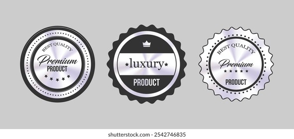 Conjunto de Vector de insignias de Producto de calidad Premium en negro y plateado para diseño de marca y empaque de lujo en formato EPS