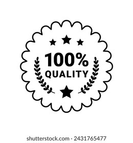 Premium quality product label sign. Round quality product guarantee logo. Black badge icon with 100 percent symbol and stars. Vector illustration for sticker, certificate, advert.