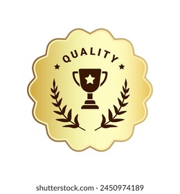 Premium quality product label sign. Round best quality product logo. Gold badge icon with winner trophy, stars and laurel crown symbol. Vector illustration for sticker, logo, guarantee certificate.