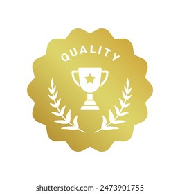 Premium quality product label sign. Round best quality product logo. Golden badge icon with winner trophy, stars and laurel crown symbol. Vector illustration for sticker, logo, guarantee certificate.