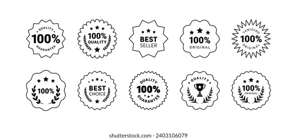 Premium quality product labels set. Round quality product guarantee logo collection. Black circle badge icons with 100 percent symbol, stars. Vector illustration for sticker, logo, certificate