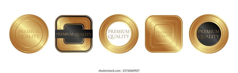 Premium quality product. Set of square and round gold sticker, label, badge, icon, logo. Isolated vector illustration