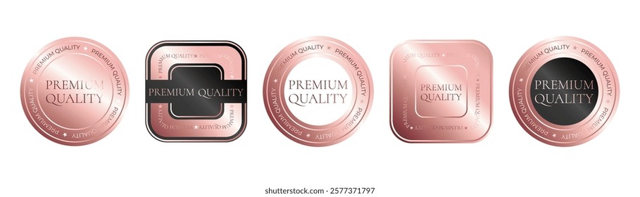 Premium quality product. Set of square and round rose gold sticker, label, badge, icon, logo. Isolated vector illustration