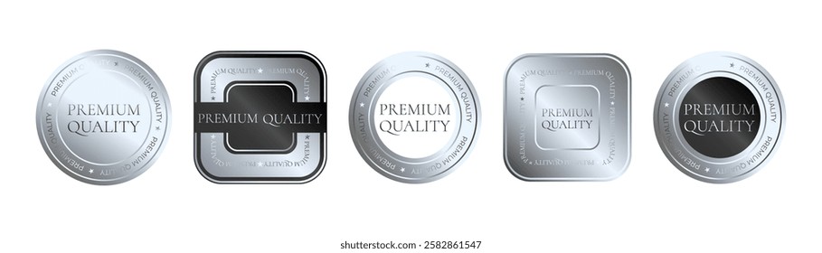 Premium quality product. Set of square and round silver sticker, label, badge, icon, logo. Isolated vector illustration