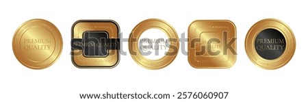 Premium quality product. Set of square and round gold sticker, label, badge, icon, logo. Isolated vector illustration