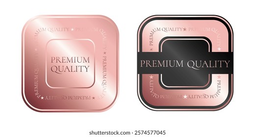 Premium quality product. Square rose gold sticker, label, badge, icon, logo set. Isolated vector illustration