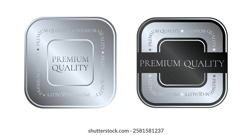 Premium quality product. Square silver sticker, label, badge, icon, logo set. Isolated vector illustration