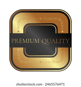 Premium quality product. Square sticker, label, badge, icon and logo. Vector illustration in gold color