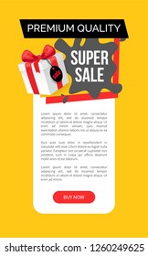 Premium quality of products, super sale, shops discount vector web site template. Reduced price on goods, special offer. Present in box decorated by bow