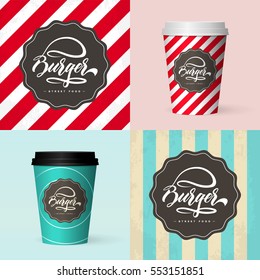 Premium quality realistic isolated paper coffee cup vector illustration. Web infographic fast food photorealistic mockup. Hand lettering burger food logo design concept on vintage background. 