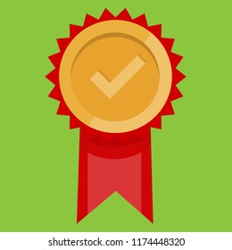 Premium Quality red ribbon label logo icon. Gold premium quality badge, rosette with ribbon on green background. Concept of Check mark approved evaluation, quality certificate stamp 