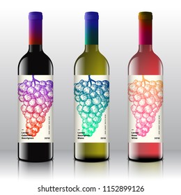 Premium Quality Red, White and Pink Wine Labels Set on the Realistic Vector Bottles. Clean and Modern Gradient Design with Hand Drawn Retro Grapes Bunch and Stylish Minimal Typography. Isolated.