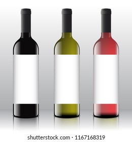 Premium Quality Red, White and Pink Wine Blank Labels Set on the Realistic Vector Bottles. Clean and Modern Mock Up or Design Template. Isolated.