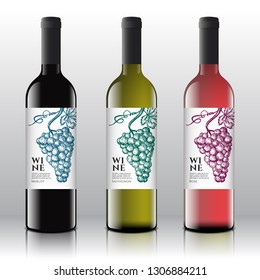 Premium Quality Red, White and Pink Wine Labels Set on the Realistic Vector Bottles. Vintage Typography Design with Hand Drawn Retro Grapes Bunch. Isolated.