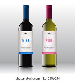 Premium Quality Red and White Wine Labels Set on the Realistic Vector Bottles. Clean and Modern Design with Hand Drawn Grapes Bunch, Leaf and Stylish Minimal Typography. Isolated.
