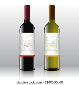 Premium Quality Red and White Wine Labels Set on the Realistic Vector Bottles. Clean and Modern Design with Hand Drawn Grapes Bunch, Leaf and Retro Typography. Isolated.