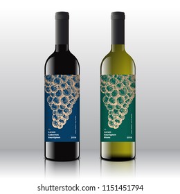 Premium Quality Red and White Wine Labels Set on the Realistic Vector Bottles. Clean and Modern Design with Hand Drawn Retro Grapes Bunch and Stylish Minimal Typography. Isolated.