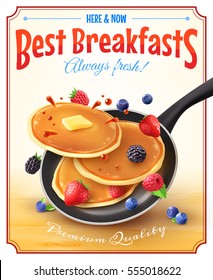 Premium quality restaurant breakfasts vintage style advertisement poster with frying pan pancakes berries and butter vector illustration 