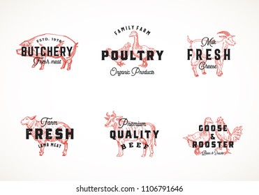 Premium Quality Retro Cattle and Poultry Vector Logo Templates Collection. Hand Drawn Vintage Domestic Animals and Birds Sketches with Classy Typography, Pig, Cow, Chicken, etc. Isolated Labels Set.