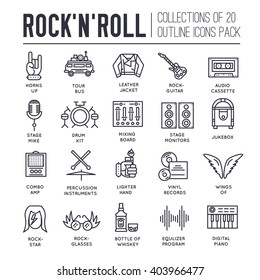 Kollektion von ROCK AND ROLL Skizzen in Premiumqualität.  Lineare Symbolpackung für Musikgeräte. Moderne Vorlage für das Konzept der Dünnzeilensymbole, Logos, Symbole, Piktogramme und flachen Illustrationen. 