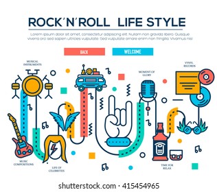 Premium quality ROCK'N'ROLL outline icons collection set.  Music equipment linear symbol pack. Modern template of thin line logo, symbols, pictogram and flat illustrations concept. 