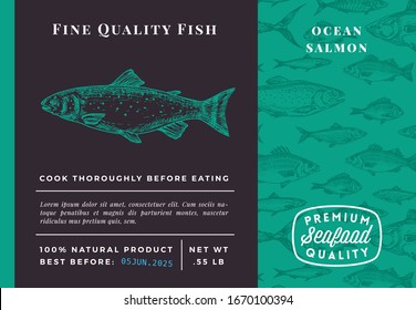 Premium Quality Salmon Abstract Vector Packaging Design or Label. Modern Typography and Hand Drawn Sketch Fish Pattern Background Seafood Layout.