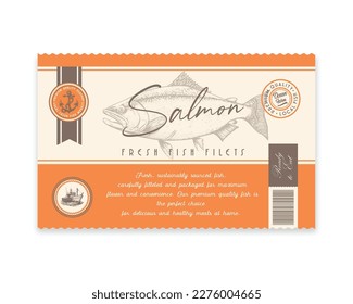 Premium Quality Salmon. Abstract Vector Fish Packaging Design or Label. Modern Typography and Hand Drawn Salmon Silhouette Background Layout.