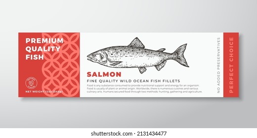 Premium Quality Salmon Vector Packaging Label Design. Modern Typography and Hand Drawn Fish Silhouette Seafood Product Background Layout