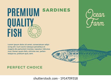 Sardinas de calidad superior. Resumen de diseño o etiqueta de embalaje de alimentos vectoriales. Tipografía moderna y diseño de fondo de silueta de bosquejo de peces dibujado a mano.