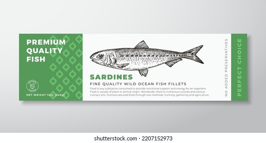 Diseño de etiqueta de empaque con vectores de sardinas de calidad superior. Tipografía moderna y diseño de fondo de productos de silhouette de pescado a mano