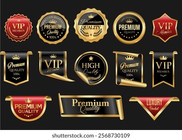 Premium quality satisfaction guaranteed gold and black and red badge stock illustration 