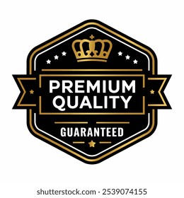 premium quality satisfaction guaranteed. Vector circle black and gold isolated on white with stars and crown. For icon, logo, label, seal, tag, sign, seal, symbol, badge, stamp, sticker