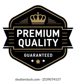 premium quality satisfaction guaranteed. Vector circle black and gold isolated on white with stars and crown. For icon, logo, label, seal, tag, sign, seal, symbol, badge, stamp, sticker