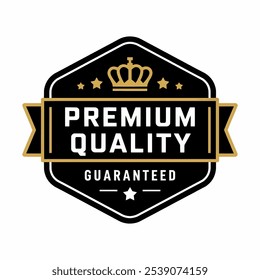 premium quality satisfaction guaranteed. Vector circle black and gold isolated on white with stars and crown. For icon, logo, label, seal, tag, sign, seal, symbol, badge, stamp, sticker