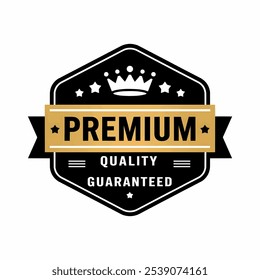 premium quality satisfaction guaranteed. Vector circle black and gold isolated on white with stars and crown. For icon, logo, label, seal, tag, sign, seal, symbol, badge, stamp, sticker