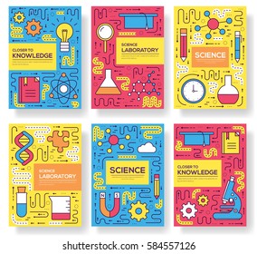 Premium quality scientific  vector brochure cards thin line set. thinking the idea linear template of flyear, magazines, posters, book cover, banners. Layout research equipmen outline modern pages